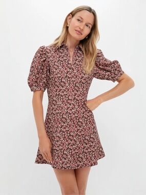 HYACINTH HOUSE Floral Corduroy Mini Dress XS Puff Sleeve Zip A-Line Brown Red